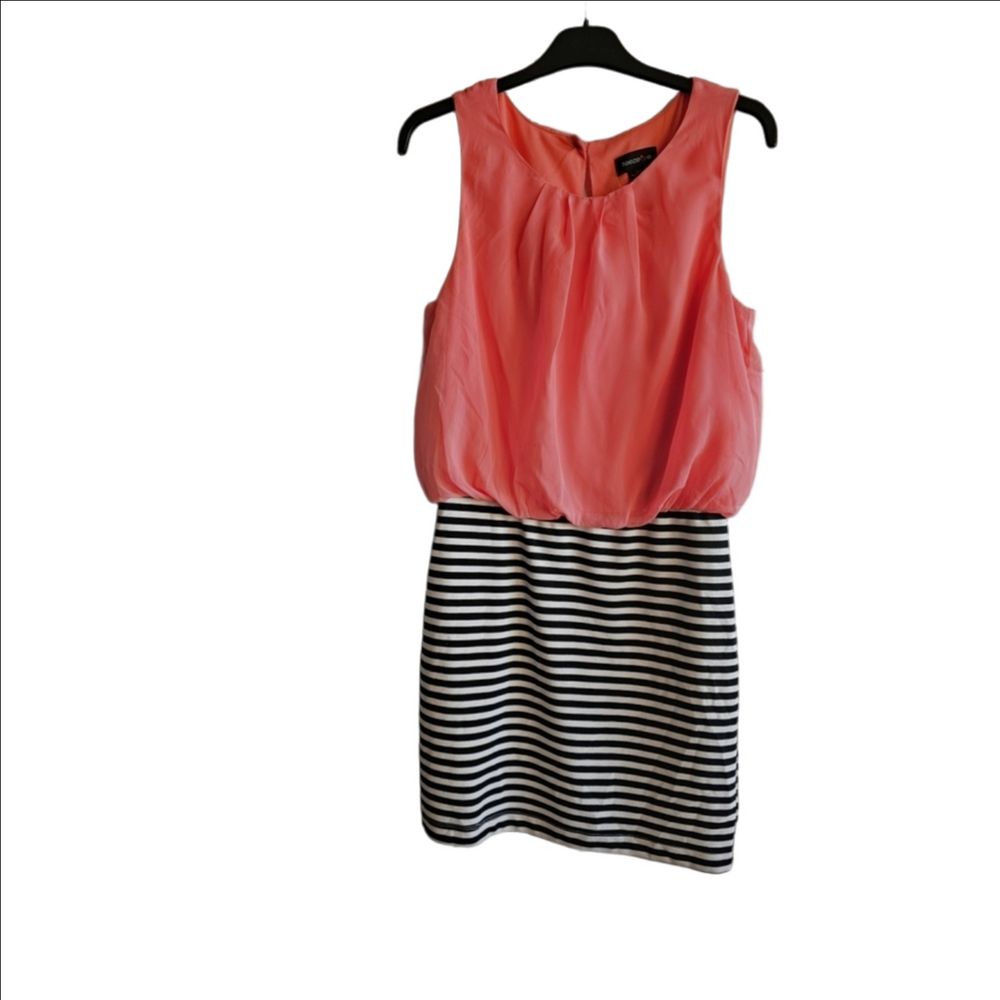 Emerald Sundae black, white and coral sleeveles striped dress